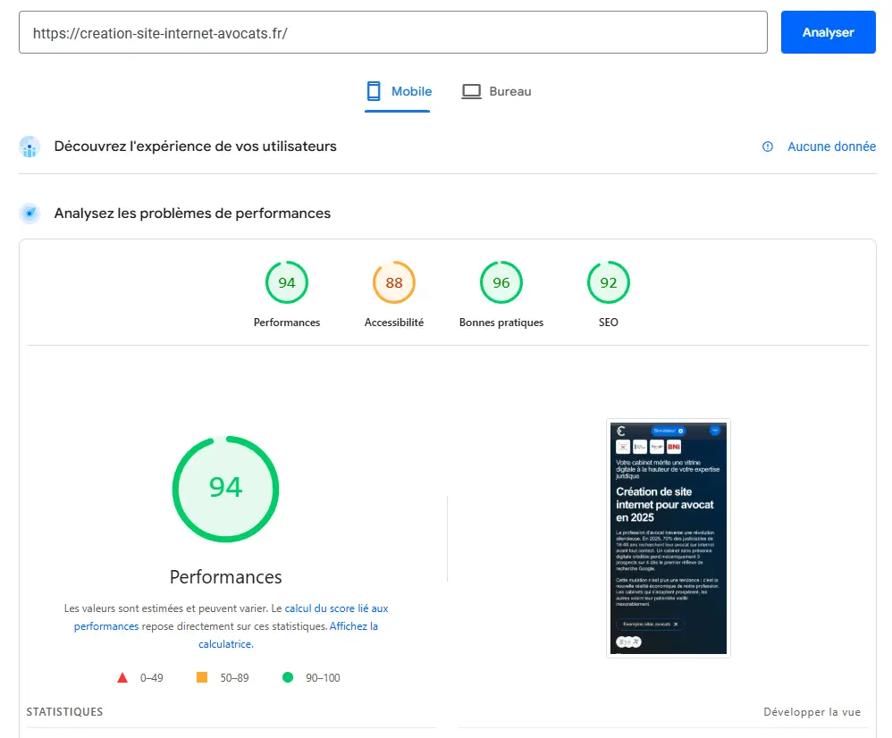 rapport mobile technique de chargement optimisé pour google site par l'agence seo pour avocat evico du site creation de site internet avocats